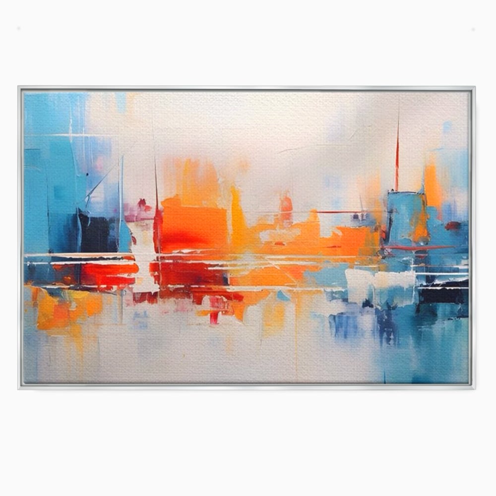 Tablou canvas cu pictura abstracta cu peisaj urban, in rama de aluminiu argintiu